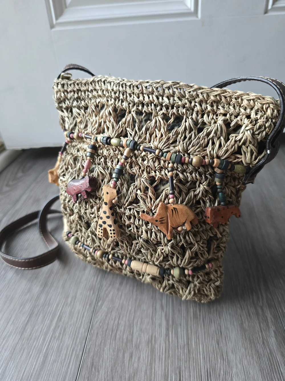 Vintage 90s Cappelli Straworld Woven Straw Crossbody Safari Animal Beads Boho